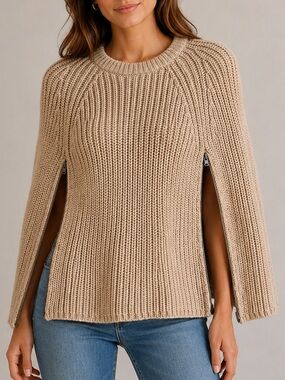 GAP Wool Blend Chunky Ribbed Poncho Sweater Shawl Shrug Tan XS/S